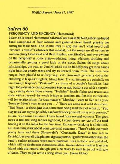 A Review of Salem 66 BY SEAN ELDER IN THE WARDER IN THE WARDRORT FERRORTH FROM IN THE WARDRORT FRORT FROM. (Courtesy Salm 66)